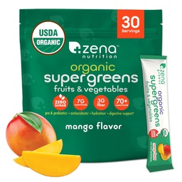 Zena Nutrition Bio Super Greens Powder, 70+ Superfoods, 0 Zucker, 3G Fiber, Spirulina, Chlorella, Pilze, Präbiotika/Probiotika, Verdauungsenzyme für Gut Health, Mango, 30 Drink Mix Packets