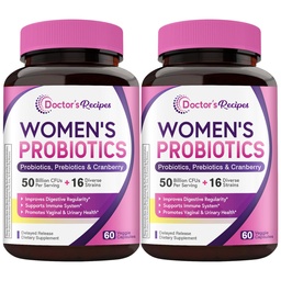 Doctor's Recipes Women's Probiotics, 120 Caps (2 Pack) 50 Billion CFU 16 Strains, with Organic Cranberry, Digestive Immune Vaginal & Urinary Health, Shelf Stable, Delayed Release, No Soy Gluten Dairy