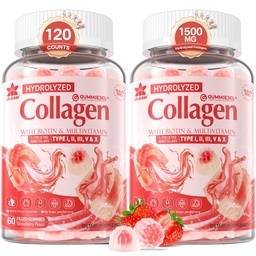 2Pack Sugar-Free Hydrolyzed Collagen Peptide Gefüllte Gummis für Frauen & Männer, mit 1500mg Protein Typ I,II,III,V,X, 5000mcg Biotin Vitamin C A E D3 B6 B12 für Immundigestion Hauthaarnägel, Knochen