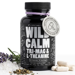 Wild Foods 3 in 1 Magnesium Glycinate L Theanine for Calm Sleep & Muscle Relaxation - Glycinate, Malate, Taurate - 100% Natural Magnesium Complex for Women and Men - 60 Capsules