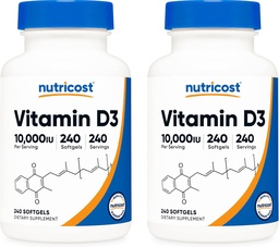 Nutricost Vitamine D3 10 000 UI, 240 capsules de gel doux (2 bouteilles)