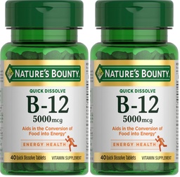 Nature's Bounty Vitamin B12, Supports Energy Metabolism and Nervous System Health, 5000mcg, 40 Quick Dissolve Tablets (Pack of 2)