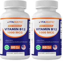 Vitamatic Vitamin B12 1000 mcg Fast Dissolve – 60 Tablets – Natural Berry Flavor – Supports Energy Metabolism & Nervous System Health (Pack of 2)