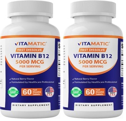 Vitamatic Vitamin B12 5000 mcg – 60 Fast Dissolve Tablets Berry Flavor – Supports Energy Production & Nervous System Health – Non-GMO, Gluten-Free (Pack of 2)