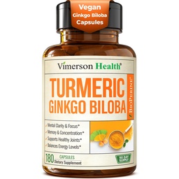 Ginkgo Biloba Ergänzung mit Kurkuma Curcumin und schwarzem Pfeffer für hohe Absorption - Ginko Biloba Kapseln mit Curcuma für Fokus, Memory Support, Joint & Brain Health - NonGMO - 180 Vegan Kapseln
