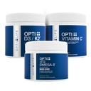Opti+ Bone & Joint Health Bundle - Vitamina D3 K2, rTG Omega-3 & Vitamin C Supplemento Kit | Supporta la densità di ossa, Joint Wellness & Collagen Production* | 3Product Daily Support Pack