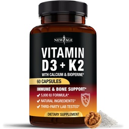 NUOVO AGE Vitamina D3 5000 IU + K2 MK-7 100 mcg - 2-in-1 Bone, Immune & Heart Support, Facile da ingoiare, Non OGM - 60 capsule