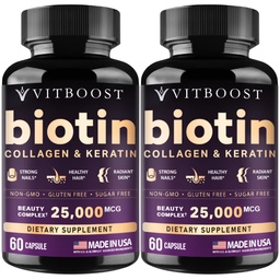 Vitboost Biotin with Hyaluronic Acid, Collagen and Keratin – 25000 mcg Hair Growth Vitamins for Men and Women – Nails and Skin, USA Made - Third Party Tested, B1, B2, B3, B6, B7 Complex - 120 Capsules