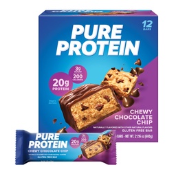 Pure Protein Chewy Chocolate Chip Protein Bars – 20g Protein, 3g Sugar, 190 Calories (12 count) Low Sugar* High Protein Snack - Gluten Free - Perfect for a Healthy Snack