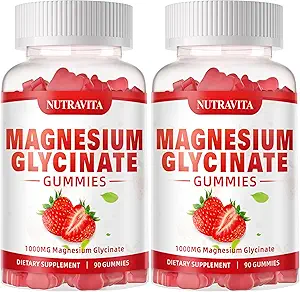 Magnesium-Glycinat-Gummien 1000mg mit L-Threonat,Chelate Magnesium-Kalium-Komplex-Ergänzung mit VitD, B6, CoQ10, Calcium,Unterstützung für Gedächtnis, ruhig, Stimmung - 180 Gummie Erdbeere