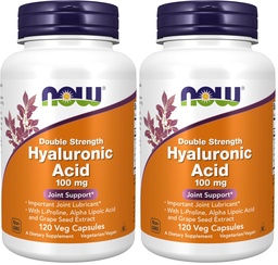 NOW Foods Supplements, Hyaluronic Acid 100 mg, Double Strength with L-Proline, Alpha Lipoic Acid and Grape Seed Extract, 120 Veg Capsules, (Pack of 2)