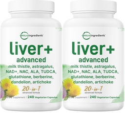 Liver Advanced+, 480 Veggie Capsules | 20-in-1 Complex + Milk Thistle, Dandelion, NAD, NAC, ALA, TUDCA, Glutathione, Artichoke, Turmeric, & Astragalus | Non-GMO, Gluten Free