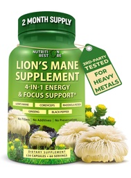 Organic Lion's Mane Supplement Capsules - Contains Naturally Occurring Beta Glucans & Polysaccharides, Enhanced with Organic Energy & Focus Support Blend: Cordyceps, Rhodiola Rosea, Ginseng, 120 Count