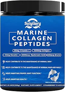 Collagen Peptides Pulver für Frauen, Multi Marine hydrolysiert für gesundes Haar, Haut, Nägel mit Hyaluronsäure, Biotin, Vitamin C, 30 Servierungen (10.6 OZ, Erdbeere)