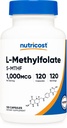 Nutricost Methylfolat 1000mcg, 120 Vegetarische Kapseln - Glutenfrei, Nicht-GVO (methyliertes Folat)