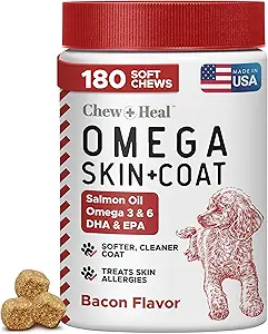 Omega für Hunde - 180 Delicious Soft Chews - Salmon Oil Treats for Skin and Coat, Itch Relief - Fish Oil Blend of Essential Fatty Acids, Omega 3, 6, und 9, und Vitamine - Smoked Bacon Flavor