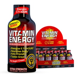 Vitamin Energy Workout+ Extra Strength Energy Shot Berry 10 Pack, 260mg Natural Caffeine, Pre-Workout, B-Vitamins, Minerals, Endurance & Performance, Zero Sugar, Gluten-Free, Vegan, 1.93 fl oz