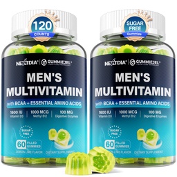 2 Pack Methylated Multivitamin for Men Gummies, BCAA Amino Acids, Zinc, Biotin, Vitamin A C E D3 K2 B Complex Calcium, Magnesium, Lycopene, Digestive Enzymes - Energy Muscle Immune - Sugar Free, Vegan