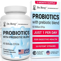 Dr. Berg Probiotic Supplement (60 Billion CFUs) - Helps Ease Occasional Constipation, Diarrhea, Gas & Bloating* - Pre and Probiotics for Digestive Health - 60 Probiotic Capsules