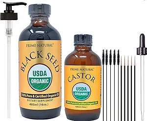 PRIME NATURAL Organic Black Seed Oil & Organic Castor Oil - 2 Öl Bundle - USDA Zertifiziert - kalt gepresst, Jungfrau, Unrefined, Vegan, keine Konservierungsstoffe