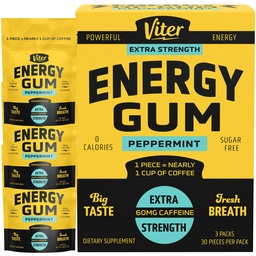 Viter Energy 60mg Caffeine Gum (Peppermint Flavor, 30 Pieces, 3 Pack) - Sugar Free, Vitamin B3, B6, B9, B12, Zero Calories, Caffeinated Energy Chews, Nootropic Focus Supplement for Men & Women