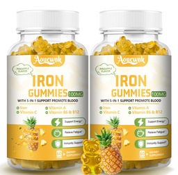 2 Packs 100MG Iron Supplements Gummies for Women & Men - Contains Vitamin C, A, B - Suitable Adults & Kids, Iron Deficiency, Immune & Energy Support, Pineapple Flavor, Non-GMO, 120 Counts