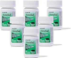 Major Ferosul - Eisensulfat 325mg Tabletten mit 65mg elementarem Eisen - Eisen Beilage für Frauen, Männer - Grün - 100 Tabletten (6 Packung)
