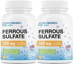 Puregen Labs Ferrous Sulfat 325 mg (65 mg Elemental Iron) Hohe Potenz Eisen Ergänzung | Keine künstliche Farbe Additive - Insgesamt 400 Tabletten Made in USA