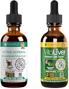 Rejuvica Health Active Adrenal + VitaLiver - Unterstützung Stress + Leber - Flüssige Lieferung für bessere Absorption - Rhodiola, Milchdistel, Heilige Basilikum, Artichoke,