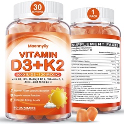 Vitamin D3 K2 Gummi für Erwachsene - Vitamin D3 5000IU + K2 (MK-7) 120mcg - Zuckerfreie D3 und K2 Beilagen mit Omega-3, Methyl B12, B9, B6, Vitamine E & Zink - für Calciumabsorption & Immune Gesundheit