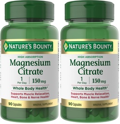 Nature’s Bounty Magnesium Citrate, High Absorption Magnesium Supplement for Whole Body Health with 150 mg Magnesium, Vegetarian, Gluten Free, 90 Capsules (Pack of 2)