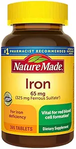 Nature Made Iron 65 mg 365 Tablets (325 mg Eisensulfat), Nahrungsergänzungsmittel für Rote Blutzellen Unterstützung, 365 Tabletten, 365 Tage Versorgung mit nalkotSupliments Guide