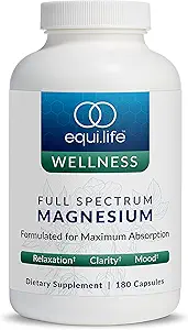 Equilife Full Spectrum Magnesium Supplement, Magnesium Glycinate, Citrate, & Malate, Bioverfügbare Mineralmischung, Dairy, Soy, & Glutenfrei, Vegan, Non GMO, 180 Kapseln