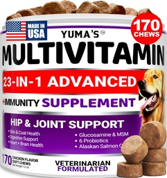Multivitamine de chien à croquer avec de la glucosamine - Vitamines et suppléments de chien - 170 Treats - Multivitamine de chien et de chien pour chiens - Soutien de hanche et d'articulation - Santé immunitaire, peau, coeur, digestion, probiotiques