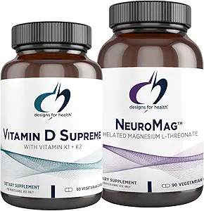 Designs für Gesundheit Vitamin D Supreme 5000 IU + Vitamin K (60 Kapseln) + NeuroMag Chelat Magnesium L-Threonat für kognitive Unterstützung (90 Kapseln) - 2 Produkt Bundle