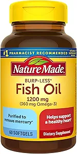 Natur gemacht Burp-Less Fischöl 1200 mg, 60 Softgels, Fischöl Omega 3 Ergänzung für Herzgesundheit (Pack von 3)