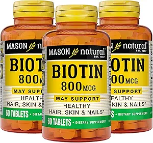 MASON NATURAL Biotin 800 mcg, Haar-, Haut-und Nagel-Gesundheitsunterstützung, hohe Potenz Vitamin B7 Ergänzung, 60 Tabletten (Pack von 3)