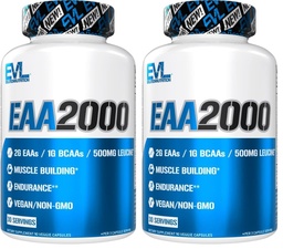 Evlution Nutrition EAA2000 - Pre & Post Workout Capsules - Muscle Building + Recovery Supplement - 2g Essential Amino Acids + 1g BCAAs - Endurance + Energy Support - 30 Servings (Pack of 2)