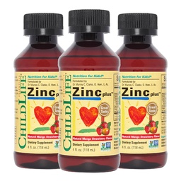 CHILDLIFE ESSENTIALS Flüssiges Zink Plus für Kinder & Kleinkind - Flüssige Ergänzung Tropfen, Zink Gluconate & Kupfer für Immununterstützung - Mango Erdbeere, 4 Fl Oz (Pack mit 3)