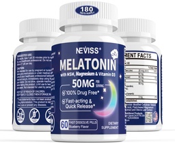 NEVISS Melatonin 50 mg per adulti - Extra Forza 9-in-1 Dissolve Sublingual - Alta dose con Magnesio Glycinate, Vitamina D3, Ashwagandha, Lemon Balm, Camomilla, Sugar Free, Vegan 180 compresse
