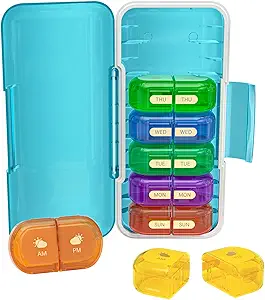 Wöchentliche Pille Organizer 2 Mal pro Tag, Moisture-Proof, Detachable Compartments, AM PM Pill Box 2X 7 Tage, Reise Pille Organizer für Pillen/Fish Oil/Medication/Vitamin/Supplements (blau + Bunt)