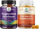 Bundle of Pure Magnesium Glycinate 400mg Pro Serviving for Mood Sleep and Relaxation and Turmeric Gummies for Adults Peach Flavor - Extra Strength Joint Support