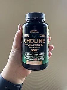 NUTRAHARMONY Choline Supplement - Choline Bitartrate 100% Tageswert - 5-in-1 Komplex mit Folat, Vitamine D3, B6 & B12 - Vegan, Non-GMO - 120 Kapseln