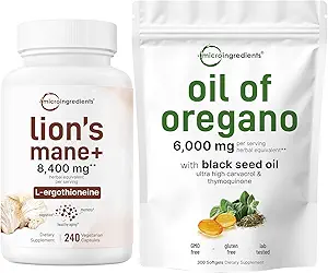 Micro Ingredients Öl von Oregano Softgels 300 Count & Lions Mane Supplement 240 Veggie Kapseln Bundle 2 Pack | Carvacrol & Thymoquinone | Superfood Pilz Antioxidantien mit L-Ergothioneine