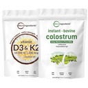Micro Ingredients Vitamin D3 10,000iu + K2 200mcg Coconut Oil Softgels & Instant Colostrum Powder Bundle 2 Pack | Essential Sunshine Vitamins | Grass-Fed Bovine Mother’s First Milk
