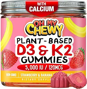 Center-Filled Vitamin D3 K2 Gummi - Kinder, Jugendliche & Erwachsene - Ergänzung für gesunde Zähne, Knochen, Energie & Immunität - 5000 IU D3, 120 mcg K2(MK-7), 120 mg Calcium - Vegan & Non-GMO - 60 Count