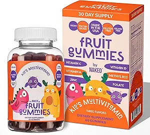 Naked Nutrition Kids Vitamin Gummis, Made in USA, GMO Free, Glutenfrei, Gelatin Free, Vegan, Kinder Vitamine A, C, D, E, B6, B12, Zink, 3 Obst Aromen, 30 Tage Versorgung
