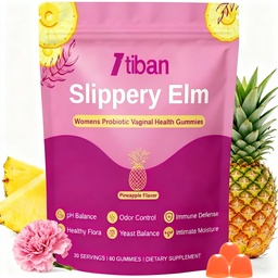 Slippery Elm Feminine Probiotic Moisture Gummies, pH Balance, Vaginal Flora, Odor Health with Bacillus coagulans, Delicious Pineapple Flavor, 60 Count