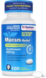 GenCare - Mucus Relief Guaifenesin 600mg (100 Tablets) Mucus Relief Expectorant for Congestion & Cough - Extended Release Tablets for Immediate & Lasting Relief