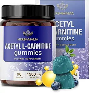 HERBAMA ALCAR Acetyl L-Carnitin 1500mg Gummi - L Carnitin Ergänzung für Energie, Fokus und Gehirn Unterstützung - Vegan, Non-GMO - 90 Pectin-Based Blueberry-Flavored Chews